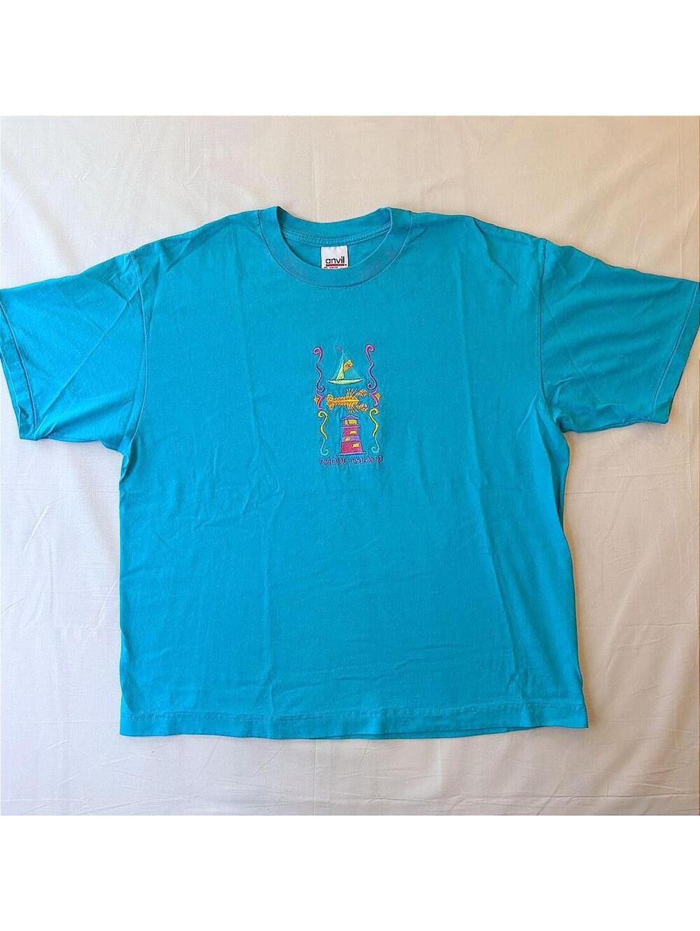 VTG 90s Teal Rhode Island Embroidered T-Shirt Anvil Size XL Single Stitch